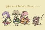 clothing eyewear female glasses group hair machine male nude pink_hair purple_hair simple_background text weapon kurumagi sdorica maria_(sdorica) eulipotyphlan hedgehog human mammal robot 3:2 japanese_text translation_request