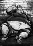 anthro beanie belly beverage big_belly biped bottomwear brick_wall clothed clothing cola drinking facial_hair footwear fur goatee hair hat headgear headwear holding_beverage holding_object hoodie male midriff navel obese obese_anthro obese_male open_clothing open_hoodie open_topwear overweight overweight_anthro overweight_male shoes shorts sitting skateboard sneakers soda solo topwear vehicle wall_(structure) aokamidu patrick_o'toole bear mammal polar_bear ursine greyscale monochrome