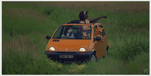 anthro car cattail_(plant) clothing dress driving driving_car female grass group happy male marsh number_plate outside plant shirt shocked smile tall_grass topwear vehicle ze0metric renault renault_twingo domestic_cat felid feline felis mammal absurd_res hi_res watermark