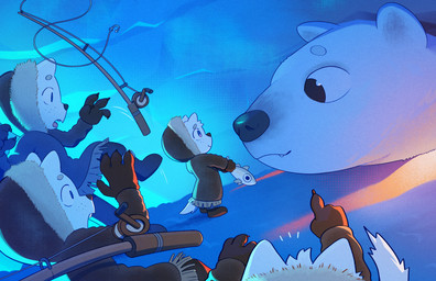 ambiguous_gender anthro black_eyes clothed clothing eye_contact fishing_rod footwear gesture gloves hand_gesture handwear holding_fish looking_at_another open_mouth pointing size_difference smile teeth tongue young young_anthro vurtiny aquatic arctic_fox bear canid canine fish fox mammal polar_bear true_fox ursine 2025 absurd_res hi_res