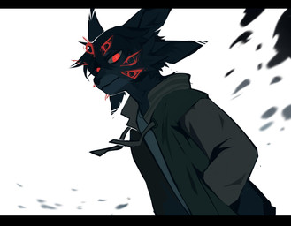 anthro black_body black_fur cheek_tuft clothed clothing facial_tuft fur grey_clothing grey_jacket grey_sclera grey_topwear jacket looking_at_viewer male mouth_closed red_eyes simple_background solo three-quarter_view topwear tuft unsigned corzh77 species_request half-length_portrait hi_res letterbox portrait