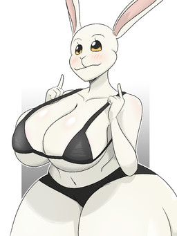 anthro big_breasts black_bra black_clothing black_underwear bra breasts clothed clothing curvy_figure female fur gesture hand_gesture huge_breasts navel pointing pointing_up pose slightly_chubby solo standing underwear underwear_only voluptuous white_body white_fur pencethehence beastars haru_(beastars) domestic_rabbit dwarf_rabbit lagomorph leporid mammal oryctolagus rabbit 3:4 pinup
