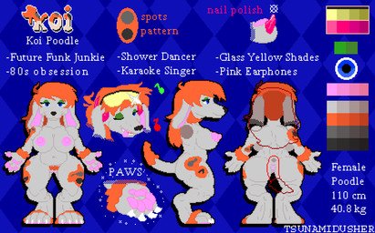 anthro big_breasts big_hair blue_eyes breasts butt claw_polish claws eyeshadow eyewear eyewear_on_head female fur hair looking_at_viewer makeup nipples nude one_eye_closed orange_body orange_fur orange_hair paws shortstack simple_background smile solo standing sunglasses sunglasses_on_head tail text thick_thighs toe_claws wearing_sunglasses white_body white_fur wide_hips wink winking_at_viewer tsunamidusher koi_(tsunamidusher) canid canine canis domestic_dog mammal poodle digital_media_(artwork) model_sheet pixel_(artwork)