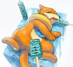 ambiguous_gender covering covering_crotch dessert digitigrade feral food food_fetish fur ice ice_cream mint_chocolate_chip orange_body orange_fur solo suggestive suggestive_food suggestive_posing sea_urchin_jelly nintendo pokemon buizel generation_4_pokemon pokemon_(species)