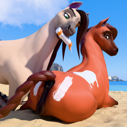 anus beach brown_eyes brown_hair duo equine_anus female feral fur green_eyes hair looking_back_at_self lying male male/female orange_body orange_fur outside puffy_anus sunscreen whorse_3d equid equine horse mammal 3d_(artwork) blender_(artwork) digital_media_(artwork) hi_res
