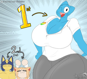 anthro big_breasts blue_background blue_body blue_fur blue_hair bottomwear breasts cleavage clothed clothing female first_place fur group hair huge_breasts looking_at_viewer poll simple_background skirt smile smiling_at_viewer thick_thighs trio yellow_body yellow_fur masterj291 animal_crossing cartoon_network nintendo patreon the_amazing_world_of_gumball tsukihime type-moon ankha_(animal_crossing) neco-arc nicole_watterson domestic_cat felid feline felis humanoid mammal 2025 digital_media_(artwork) hi_res