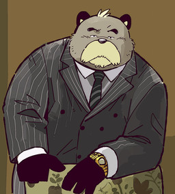 anthro black_body black_eyes black_fur brown_body brown_fur chair clock clothing collared_shirt dress_shirt fur furniture gold_watch grey_clothing grey_suit head_tuft leaning_on_furniture looking_at_viewer male necktie pattern_necktie shirt simple_background solo striped_necktie suit tan_body tan_fur topwear tuft watch garouzuki gonbei_(garouzuki) canid canine mammal raccoon_dog tanuki 2017 digital_drawing_(artwork) digital_media_(artwork)