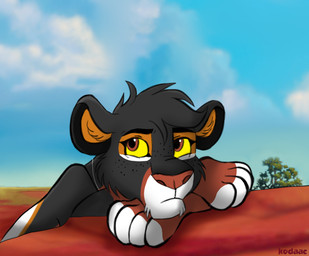 ambiguous_feral ambiguous_gender black_body black_fur blue_sky brown_eyes feral fur inner_ear_fluff mouth_closed orange_inner_ear_fluff outside plant sky solo text tree tuft white_body white_fur yellow_sclera kodaac felid lion mammal pantherine artist_name