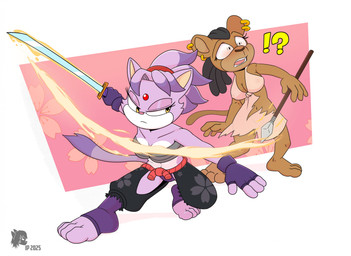 3_toes 4_toes anthro blush bounty_hunter brown_body brown_fur caught_off_guard clothing defeated dress duo ear_piercing ear_ring feet female feudal fight fingerless_gloves forehead_gem fur gem gloves hair handwear katana melee_weapon piercing polearm purple_body purple_fur purple_hair purple_hair_tips red_gem ring_piercing ronin serious serious_face shocked slice spear stirrup_legwear surprised sword toes torn_clothing torn_dress underwear warrior weapon wrapped_breasts wrappings yellow_eyes introvertedpooch sega sonic_the_hedgehog_(series) blaze_the_cat domestic_cat felid feline felis lion mammal pantherine hi_res
