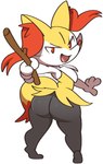 ambiguous_gender anthro big_butt black_butt black_feet black_legs braixen butt digital_media_(artwork) feet generation_6_pokemon hi_res holding_object holding_stick inner_ear_fluff looking_at_viewer looking_back multicolored_body nintendo nude open_mouth pokemon pokemon_(species) red_eyes solo stick tail thick_thighs tuft vilepluff wide_hips yellow_ears