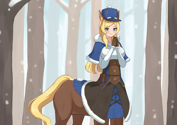 blonde_hair blue_eyes brown_body brown_fur clothed clothed_taur clothing female forest forest_background fur fur_clothing hair horse_ears horse_tail looking_at_viewer nature nature_background noblewoman outside plant snow snowing solo standing tree scalaplace european_mythology greek_mythology mythology estelle_bellegarde centaur equid equid_taur humanoid_taur mammal mammal_taur taur hi_res