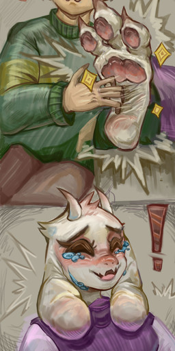 3_toes anthro barefoot bodily_fluids brown_hair claws crying crying_laughing duo feet female foot_fetish foot_focus fur hair laugh male male/female nails pawpads paws plantigrade soles tears tickle_fetish tickling tickling_feet toes white_body white_fur lengtuanzi deltarune undertale_(series) kris_dreemurr toriel bovid caprine goat human mammal absurd_res hi_res