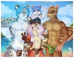 5_fingers anthro beach biped blue_eyes blue_hair border bulge claws clothed clothing cloud detailed_bulge eyewear fingers gesture glasses group hair hand_gesture male navel pawpads piercing pink_pawpads smile speedo surfboard swimwear tail tongue tongue_out tongue_piercing topless topless_anthro topless_male v_sign whiskers white_border young young_anthro young_male bastionshadowpaw krech rax_(seraph) seraph_(seraph) canid canine canis felid fox hybrid mammal murid murine mustelid otter pantherine rat rodent snow_leopard wolf hi_res nonbinary_(lore)