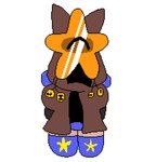 backpack bell brown_clothing brown_hood brown_robe chibi clothing jingle_bell legwear mask not_furry robe solo star_accessory star_print thigh_highs chromulus chromulus(chromulus) felid feline human mammal starguy_(chromulus) hi_res