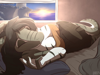 black_hair breasts day detailed_background eyes_closed female hair inside non-mammal_breasts sky sleeping solo sun window infinitedge aquatic fish shark 2017 digital_media_(artwork)