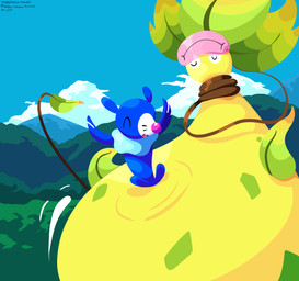 ambiguous_gender blue_body cloud duo eyes_closed feral green_body leaf_(anatomy) markings open_mouth plant size_difference sky tongue whisker_markings sleepy_sealion nintendo pokemon pokemon_legends_z-a elemental_creature flora_fauna generation_7_pokemon generation_9_pokemon mega_evolution mega_victreebel pokemon_(species) popplio 2025 absurd_res dated hi_res signature