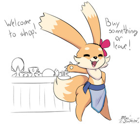 4_fingers ambiguous_gender anthro apron big_butt black_nose blue_apron blue_clothing butt claws clothed clothing dipstick_ears dipstick_tail ear_markings featureless_feet feet finger_claws fingers flower_on_head fluffy fluffy_tail front_view fur hand_on_hip long_ears markings multicolored_ears orange_body orange_fur pawpads raised_arm shopkeeper simple_background sketch_background smile solo tail tail_markings tan_body tan_fur text thick_thighs topless white_background white_body white_claws white_fur white_pawpads miso_souperstar unknown_species 2025 absurd_res digital_media_(artwork) english_text hi_res sketch