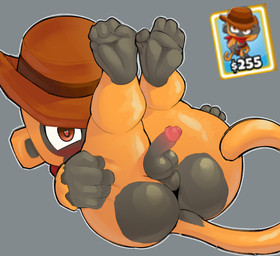 4_fingers 4_toes anthro balls big_butt blush brown_clothing brown_eyes brown_hat brown_headwear butt clothing cowboy_hat erection feet fingers fur genitals glans grey_background grey_balls grey_body grey_fur grey_perineum hand_on_butt hat headgear headwear heart_eyes heart_symbol kerchief legs_up looking_at_viewer lying male mostly_nude on_back penis perineum pink_glans pink_penis pupils red_kerchief shortstack shortstack_male simple_background small_balls small_penis solo thick_thighs toes yellow_body yellow_fur monkiebrained bloons_tower_defense ninja_kiwi desperado_(bloons) haplorhine mammal monkey primate 2025 absurd_res digital_media_(artwork) hi_res
