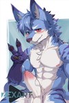 4_fingers abs anthro areola balls blue_body blue_fur blush canid canine canis chest_tuft erection fangs fingers foreskin fur genitals gesture glans hand_gesture hi_res humanoid_genitalia humanoid_penis male mammal muscular muscular_anthro muscular_male pecs penis pink_areola pink_glans red_eyes smile solo teeth tuft v_sign vein veiny_penis watermark white_balls wolf zex