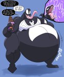 belly big_belly bloated burping candy chocolate chocolate_bar cutaway dessert dialogue food huge_belly long_tongue male not_furry overweight overweight_male sharp_teeth smile solo sound_effects speech_bubble teeth text tongue tongue_out comicfiruko marvel venom_(marvel) alien humanoid symbiote digital_media_(artwork) english_text hi_res