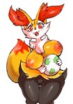 anthro areola big_breasts breasts egg female fur genitals inner_ear_fluff looking_at_viewer nipples nude orange_areola orange_nipples pokemon_egg pussy simple_background smile solo thigh_gap tuft white_background wide_hips shiroepsilon nintendo pokemon braixen canid canine generation_6_pokemon mammal pokemon_(species) hi_res