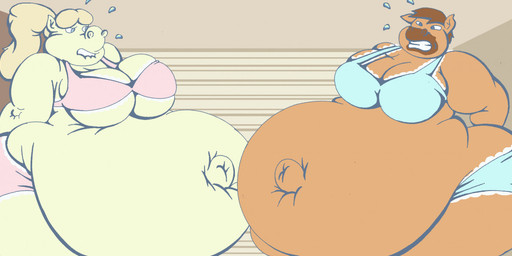 anthro belly big_belly big_breasts blonde_hair blue_eyes bodily_fluids bottomwear bra breasts brown_body brown_fur brown_hair clothing duo female fur hair huge_belly huge_breasts huge_thighs morbidly_obese morbidly_obese_anthro morbidly_obese_female navel obese obese_anthro obese_female outie_navel overweight overweight_anthro overweight_female panties pregnant pregnant_anthro pregnant_female sweat teeth thick_thighs topwear underwear yellow_body yellow_fur virus-20 lorraine_pearson tina_horse equid equine horse mammal 2021 digital_media_(artwork)