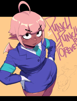 ahoge bangs black_eyes bulge clothed clothing crossdressing cute_fangs dark_body dark_skin duo fangs femboy gloves hair hands_on_hips handwear heart_symbol humanoid_pointy_ears male membrane_(anatomy) membranous_wings necktie not_furry pink_hair pointy_ears solo_focus teeth white_clothing white_gloves white_handwear wings krekk0v punch_punch_forever jin_(punch_punch_forever) demon humanoid 2024 hi_res