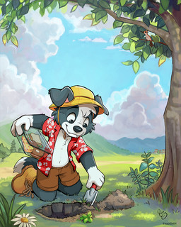 anthro boots bottomwear brown_bottomwear brown_clothing brown_shorts cheek_tuft closed_smile clothed clothing day duo facial_tuft fangs floppy_ears flower food footwear front_view fur glistening glistening_eyes grass grey_body grey_fur hat headgear headwear holding_object holding_shovel holding_tool kneeling male mouth_closed navel open_clothing open_topwear orange_boots orange_clothing orange_footwear outside plant red_clothing red_topwear shoes shorts shovel smile solo_focus teeth text tools topwear tree tuft white_body white_fur yellow_clothing yellow_hat yellow_headwear young young_anthro young_male pandapaco roni_(imroni) border_collie canid canine canis collie domestic_dog herding_dog mammal pastoral_dog sheepdog english_text