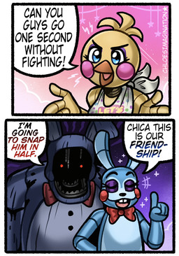 anthro bib blue_body dialogue female machine male oblivious purple_body solo text threatening_violence chloeimagine five_nights_at_freddy's five_nights_at_freddy's_2 scottgames toy_bonnie_(fnaf) toy_chica_(fnaf) withered_bonnie_(fnaf) animatronic avian bird chicken galliform lagomorph leporid mammal phasianid rabbit robot robot_anthro 2026 comic digital_media_(artwork) english_text hi_res