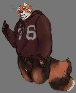 animal_genitalia animal_penis anthro balls belly bottomless casual_exposure clothed clothing eyes_closed fur genitals hoodie male male/male overweight overweight_anthro overweight_male penis semi_clothed sheath simple_background solo tail thick_thighs tired topwear nutdoesart ailurid mammal red_panda digital_media_(artwork) hi_res