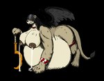 anthro beads belly big_belly bodily_fluids female huge_belly jewelry khopesh lactating melee_weapon nipple_piercing nipples piercing pregnant pregnant_anthro pregnant_female solo stretch_marks sword weapon wings vwpologt mythology felid mammal mythological_creature mythological_sphinx hi_res
