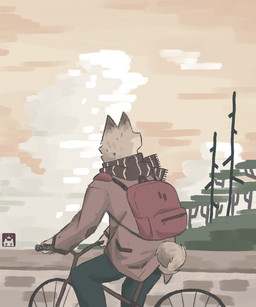 ambiguous_gender anthro backpack bottomwear brick_wall clothing coat detailed_background fluffy fluffy_tail fur grey_body grey_fur male orange_sky pants plant pointy_ears rear_view riding_bike scarf short_tail side_view sky snout solo tail topwear tree wall_(structure) w0lfi unnamed_character canid canine mammal 5:6 digital_media_(artwork) digital_painting_(artwork) hi_res painting_(artwork)