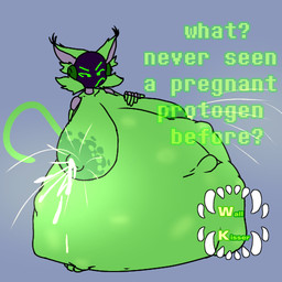 anthro areola belly big_belly big_breasts bodily_fluids breasts female fluffy fur green_body green_fur huge_belly huge_breasts hyper hyper_belly hyper_breasts hyper_pregnancy lactating looking_at_viewer machine milk nipples nude nude_female overflowing pregnant pregnant_anthro pregnant_female solo talking_to_viewer wallkisser cofi_(wallkisser) protogen 1:1