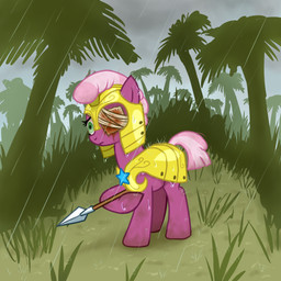 armor bandage bandaged_eye blood bodily_fluids dirty docked_tail female feral forest jungle melee_weapon outside plant polearm raining short_tail solo spear tail thousand_yard_stare tree weapon wounded badday_(artist) friendship_is_magic hasbro my_little_pony cheerilee_(mlp) royal_guard_(mlp) earth_pony equid equine horse mammal pony 1:1