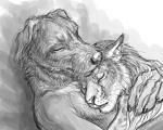 anthro claws duo eyes_closed female hug male rukis johannes_cuthbert shivah canid canine canis domestic_dog felid feline hunting_dog irish_wolfhound lynx mammal sighthound 2014 5:4 greyscale monochrome sketch