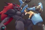 anthro ballbusting balls breasts bruised bruised_balls cock_and_ball_torture duo female genital_torture genitals knee_strike male male/female nutshot pussy simple_background hauberk888 nintendo pokemon generation_4_pokemon generation_5_pokemon lucario pokemon_(species) zoroark hi_res