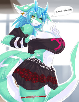 anthro big_breasts blue_hair bottomwear breasts claws clothed clothing female fur green_body hair horn huge_breasts looking_at_viewer shoulderless_shirt side_boob simple_background skirt solo tail tattoo text thick_thighs white_body wide_hips yellow_eyes aleak_r conditional_dnp fishy_(aleak_r) aquatic barracuda fish istiophoriform scalie absurd_res digital_media_(artwork) hi_res