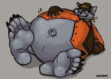 anthro belly belly_inflation big_belly big_feet bloated clothing feet foot_fetish foot_focus fur grey_body grey_fur hand_on_belly hat headgear headwear huge_belly inflation male navel obese outie_navel overweight solo sayrantesis sly_cooper_(series) sony_corporation sony_interactive_entertainment sucker_punch_productions tennessee_kid_cooper mammal procyonid raccoon hi_res