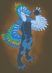 4_fingers anthro blue_body blue_fur clothed clothing feathers feet fingerless_gloves fingers fur gloves handwear humanoid_hands looking_at_viewer male orange_eyes simple_background smile solo teeth vader-san gaia_(dresmseed) archaeopteryx dinosaur feathered_dinosaur feathered_scalie prehistoric_species reptile scalie theropod 2016 hi_res