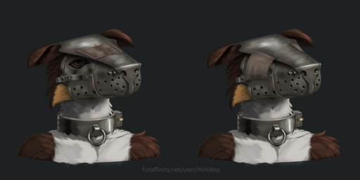anthro blinders brown_body brown_eyes brown_fur collar collar_ring ears_down eyewear fur gimp_mask hood hooded leather looking_at_viewer mask metal muzzle_(object) piercing pivoted_ears simple_background slave solo white_body white_fur yellow_body yellow_fur mitokep spirit_(kioreii) canid canine canis collie domestic_dog herding_dog mammal pastoral_dog sheepdog 2022 2:1 absurd_res bust_portrait hi_res multiple_images portrait nonbinary_(lore) trans_(lore) trans_man_(lore)