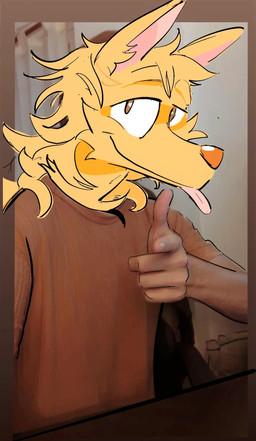 anthro brown_eyes clothed clothed_anthro clothed_male clothing fully_clothed fully_clothed_anthro fully_clothed_male fur gesture hand_gesture male pointing pose solo tongue tongue_out toony yellow_body yellow_fur dudenahuel nahuel_(dudenahuel) canid canine mammal maned_wolf 2023 hi_res