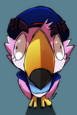2_toes anthro beak big_beak bottomless bottomless_anthro bottomless_male claws clothed clothing countershade_face countershade_torso countershading derp_eyes eyebrows eyelashes feathers feet hat headgear headwear jacket looking_at_viewer male pink_body pink_feathers purple_body purple_feathers shirt solo standing stare talons thick_eyebrows toes topwear tuft yellow_beak conditional_dnp kazoko_(artist) jasper_the_delivery_bird_(kazoko) avian bird
