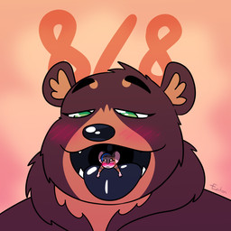 anthro blush brown_body brown_fur fluffy fur open_mouth oral oral_vore queen queenbear royalty teeth tongue vore eaton_(artist) burr eaton queen_(bighorntbeardg) queenie bear mammal mouse murid murine rodent