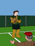 absurd_res american_football anthro bodily_fluids brown_body brown_fur clothing college costume emillie-wolf felid feline felis fur ginger hair hi_res human human_only male mammal mascot mascot_costume not_furry pre-transformation red_hair school scottish shocked solo sport story story_in_description sweat transformation wildcat