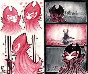 2_horns ambiguous_gender biped clothed clothing duo eyelashes fingers heart_symbol holding_melee_weapon holding_object holding_weapon horn liquid logo melee_weapon nail_(weapon) red_eyes solo_focus standing weapon netmors hollow_knight_(franchise) team_cherry grimmchild_(hollow_knight) the_knight_(hollow_knight) arthropod vessel_(species) absurd_res artist_logo comic hi_res