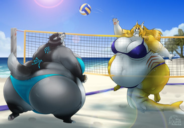 4_toes anthro beach belly big_belly big_breasts big_butt bikini black_body black_fur black_hair black_lips black_nose blonde_hair blue_eyes bottomwear breasts butt clothed clothing cloud duo feet female fingers fur hair huge_belly huge_breasts huge_butt hyper hyper_belly hyper_butt jumping lips obese obese_female outside overweight overweight_female palm_tree partially_clothed pawpads pink_pawpads plant purple_eyes sand sea seaside sport standing sun swimwear tail thick_thighs toes topwear tree two-piece_swimsuit volleyball water white_body white_fur wide_hips yellow_body yellow_fur biglovealicia alicia_(biglovealicia) aquatic canid canine canis fish fox hybrid mammal shark wolf 2017 digital_media_(artwork)