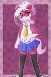 abstract_background adolescent anthro black_clothing black_legwear black_thigh_highs clothed clothing female front_view legwear necktie pink_background pink_sclera purple_background red_eyes school_uniform simple_background smile solo standing tail thigh_highs torn_clothing uniform white_tail yellow_necktie young kitsunekotaro nintendo pokemon fan_character lyra_woof generation_7_pokemon lycanroc midnight_lycanroc pokemon_(species)