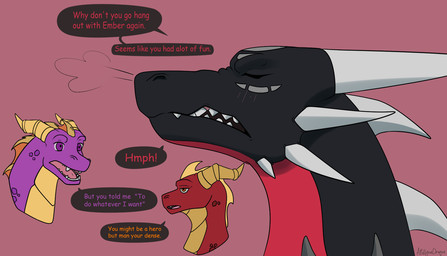 angry black_body dialogue female feral group horn jealous jewelry male misunderstanding multi_horn necklace purple_body red_body text trio apollyondragon activision mythology spyro_the_dragon cynder flame_(spyro) spyro dragon mythological_creature mythological_scalie scalie 2023 bust_portrait english_text hi_res portrait signature