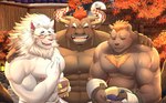 abs anthro bathing blush body_hair chest_hair eyewear group hair horn hot_spring male male/male mane monocle muscular muscular_anthro muscular_male nipples orange_hair pecs red_hair trio water chuurow lifewonders tokyo_afterschool_summoners barguest_(tas) gyumao_(tas) snow_(tas) bear bovid bovine cattle felid lion mammal pantherine absurd_res hi_res