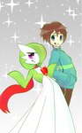 3_fingers black_eyes brown_hair carefree duo female fingers gesture grey_background hair hair_over_eye hand_in_pocket looking_at_viewer male not_furry one_eye_obstructed pink_eyes pockets scarf shrug simple_background size_difference track_jacket renv nintendo pokemon midori_(mielsen) gardevoir generation_3_pokemon human humanoid mammal pokemon_(species) 2022 absurd_res hi_res signature